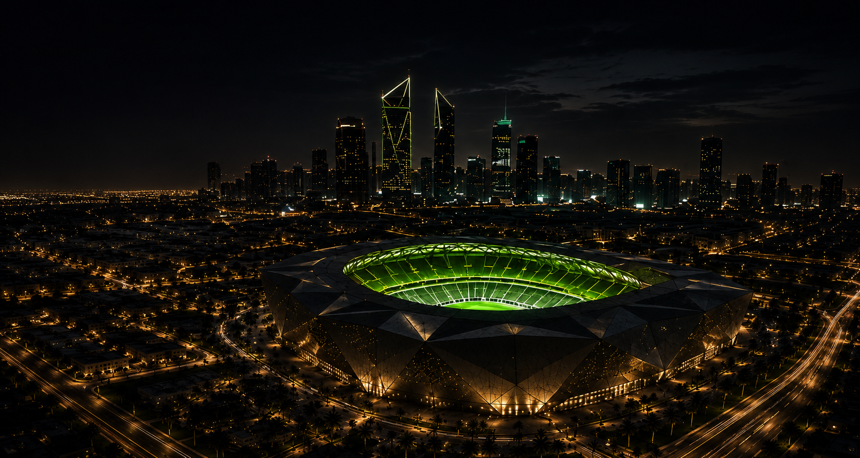 Aerial night view of an illuminated stadium with a city skyline
