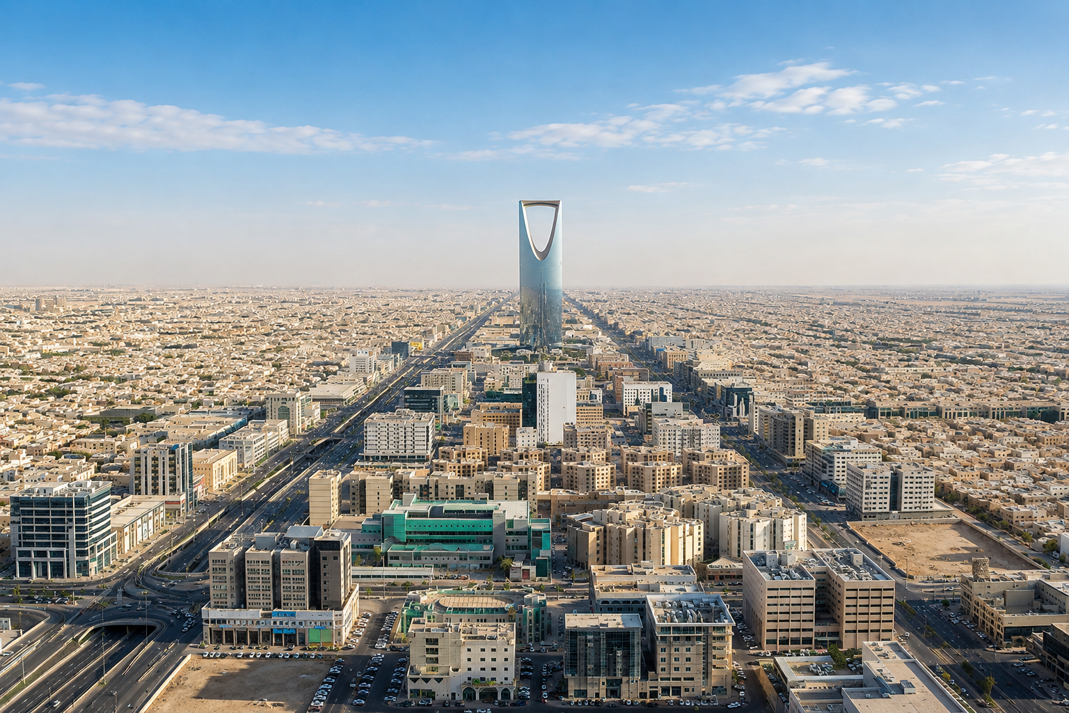 Daytime aerial view of the Riyadh skyline with the Kingdom Centre Tower