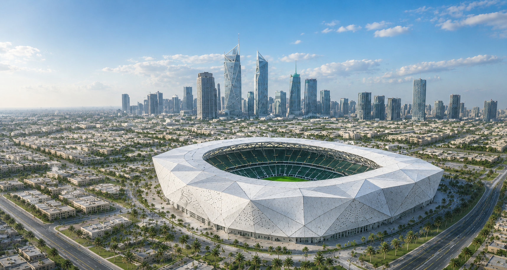 Aerial daytime view of a modern white stadium with a city skyline