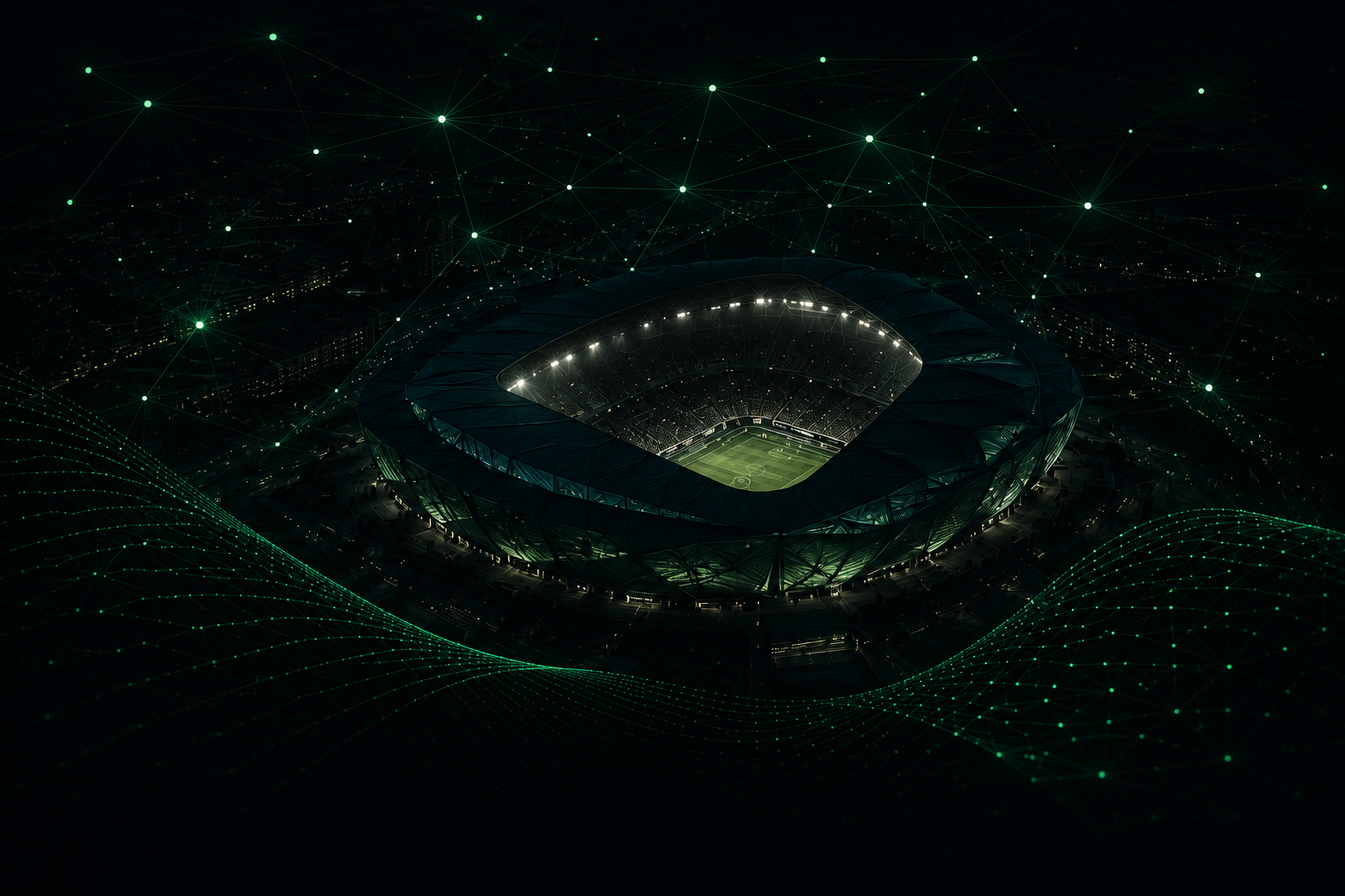 Stadium aerial view with digital network connections